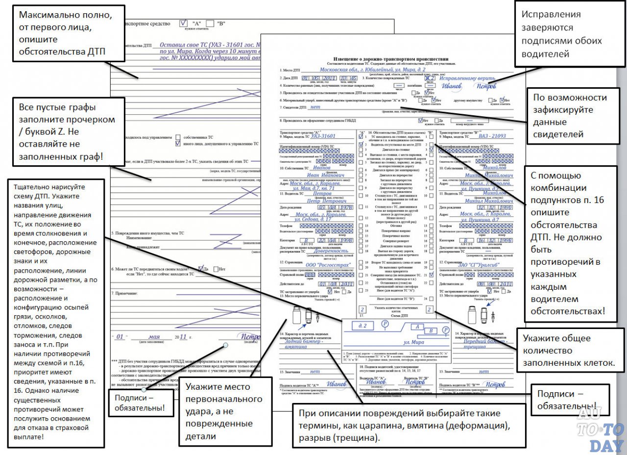 Заполнение бланка европротокола Заполнение бланка европротокола