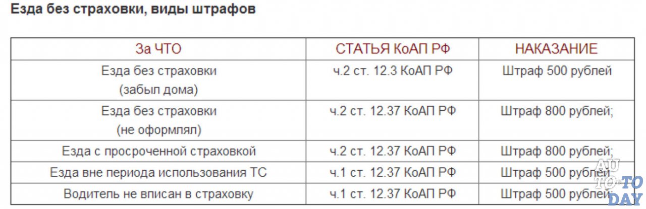 Виды штрафов за езду без страховки